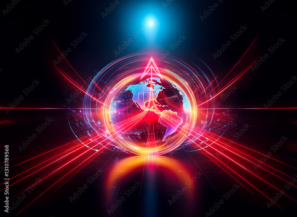 Poster globe with vibrant red and blue light rays emanating from a central point, creating a double exposur