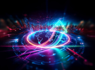 Obraz premium A double exposure image showcasing a vibrant, glowing world map with an upward neon arrow, set against a dark background with bright colorful light streaks.
