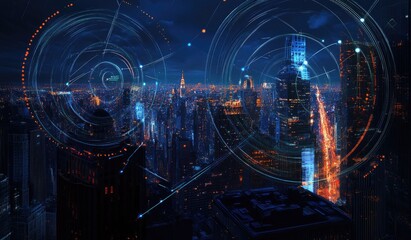 Futuristic city skyline at night with data overlay