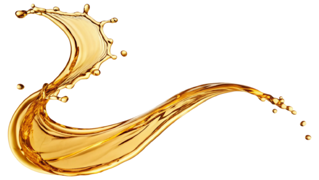 Golden stream of oil splashing in mid-air isolated on white background. Suitable for marketing or business purposes. PNG file