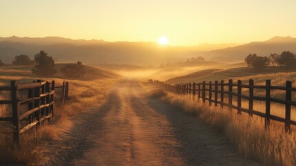 Obraz premium A long dirt road leads into the sunrise across the fields