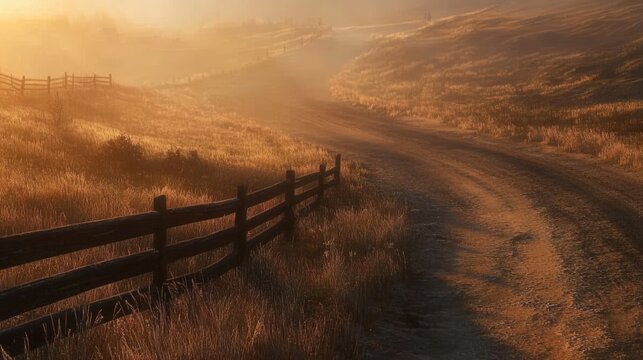A dirt road curves through a sunlit field with a fence