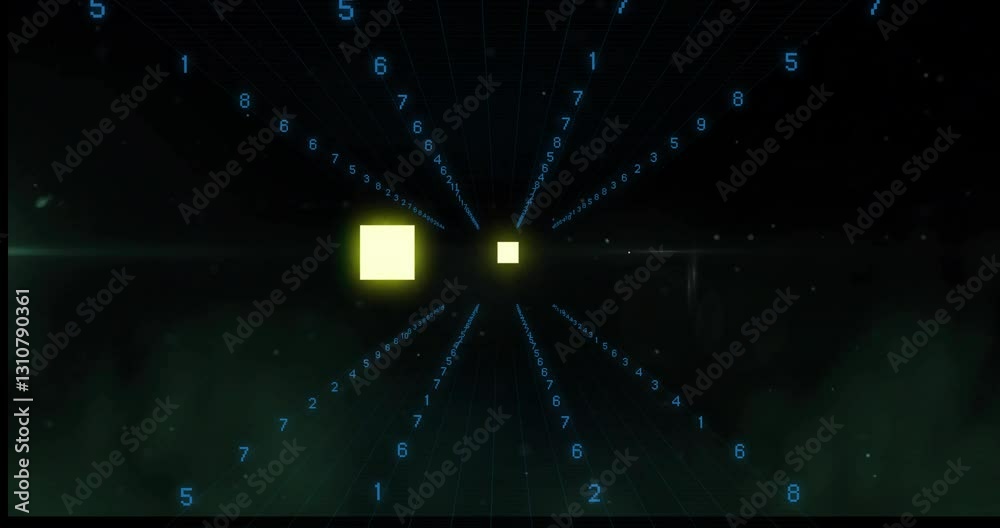 Poster animation of yellow squares and blue numbers creating digital tunnel in dark space