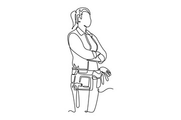 Single continuous line drawing side view young female joiner in apron and tools belt standing near workbench while working in craft workshop. Dynamic one line draw graphic design vector illustration