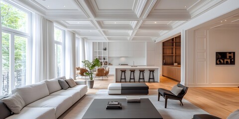 Elegant, spacious living room with coffered ceiling