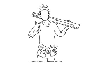 Single one line drawing of attractive carpenter woman carrying planks of wood on her shoulder with thumbs up gesture. Home construction concept. Continuous line draw design graphic vector illustration