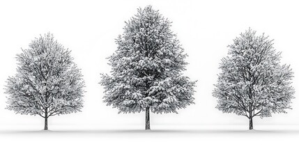 Three snow-covered trees on white background