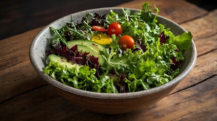 A salad bowl filled with mixed greens on a wooden table