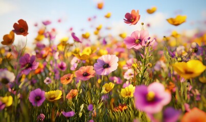 Fototapeta premium Colorful wildflowers blooming in a sunny meadow, perfect spring background