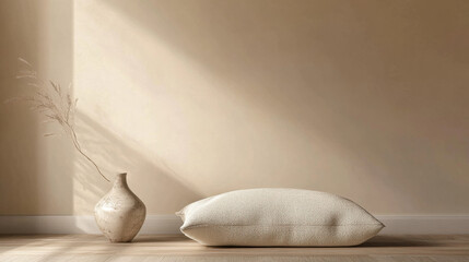 A modern, minimalist bedroom scene with a plush, cream-colored cushion on a sleek wooden floor