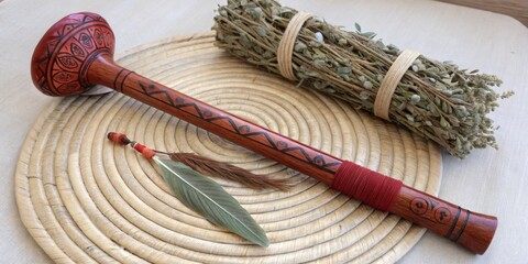 Beautiful handcrafted ceremonial tool resting on a woven mat accompanied by a bundle of herbs and a decorative feather