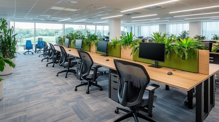 Modern office building exterior with glass and steel structure under midday sunlight in symmetrical composition