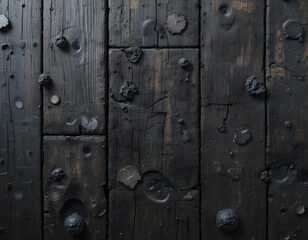 Fototapeta premium Dark rustic wooden planks with a weathered texture. Aged black wood with natural knots, cracks, and grain patterns. Perfect for backgrounds, textures, and design elements.