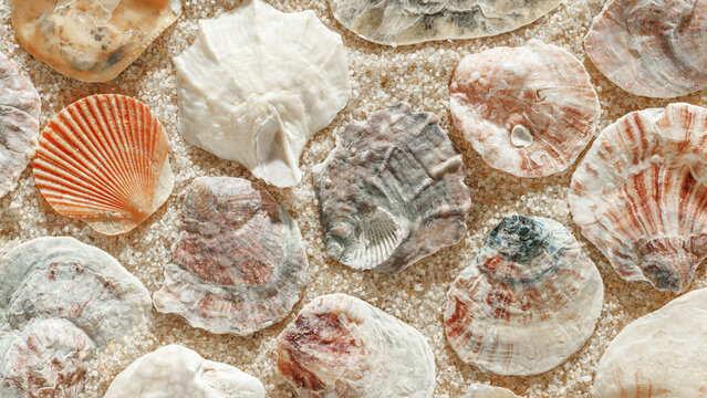 Colored Shells summer pattern on sandy beach, aesthetic nature banner, organic shapes, beauty nature background. Closeup seashells at Soft lighting, warm tones create natural, beachy vibes
