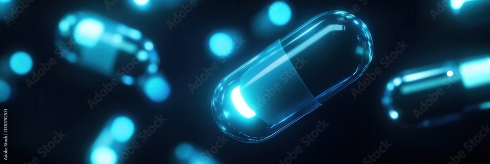 Poster glowing capsules emit soft blue light in a dark environment creating a futuristic abstract medical d