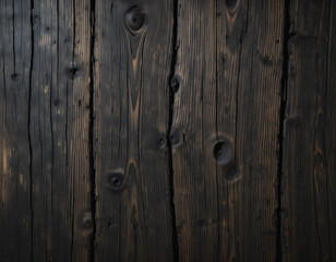 Naklejka premium Dark rustic wooden planks with a weathered texture. Aged black wood with natural knots, cracks, and grain patterns. Perfect for backgrounds, textures, and design elements.