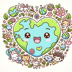 A cute, colorful illustration of a smiling Earth surrounded by adorable animals and flowers, all enclosed in a heart shape, promoting love for the planet.
