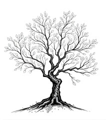 Monochrome Tree Ink Drawing with Leaves