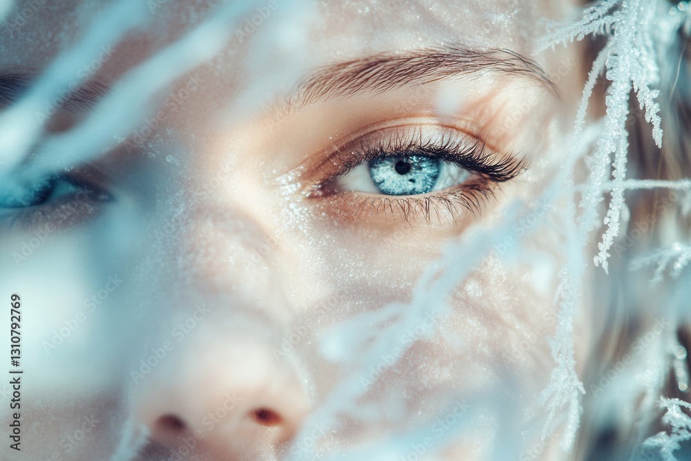 Aufkleber Frozen ice crystals frame a captivating blue eye, creating an enchanting abstract winter aesthetic with soft reflections