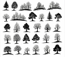 Monochrome Tree Silhouette Variety on White