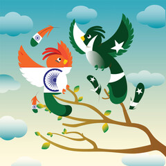Colorful vector birds on branch. India and Pakistan birds illustration. Symbolic vector art showing relationship with national flag elements. Whimsical style.