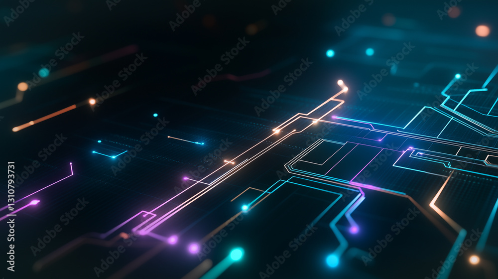 Poster circuit board with cyberpunk aesthetic: illuminated electronic pathways pulsate with vibrant colors,
