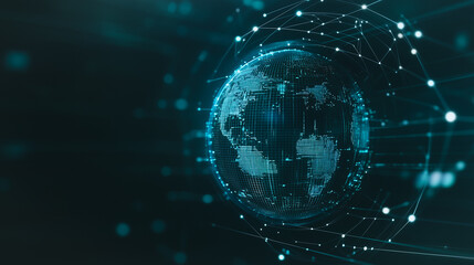 Obraz premium Global Connection: A mesmerizing digital rendering of planet Earth enveloped in a network of interconnected nodes, radiating a sense of technological advancement and worldwide connectivity.