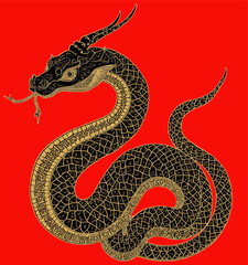 Obraz premium Ornate Black and Gold Horned Snake on Red Background
