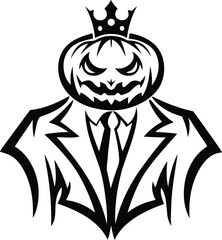 Sinister pumpkin-headed figure vector illustration, Angry sinister pumpkin-headed figure silhouette and line art vector art