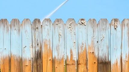 Fototapeta premium Detailed Wooden Fence with Weathered Paint Against Blue Sky Background
