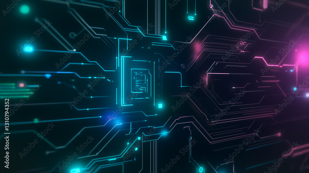 Wall mural digital circuit board: a complex network of interconnected circuits, illuminated with vibrant neon h