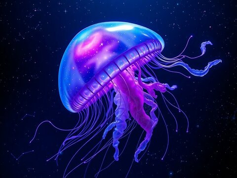 Generative A.I. envisions a cosmic jellyfish floating through the vastness of space, glowing with neon hues. Its ethereal tentacles drift like celestial currents, merging fantasy with the universe&rsquo;s w