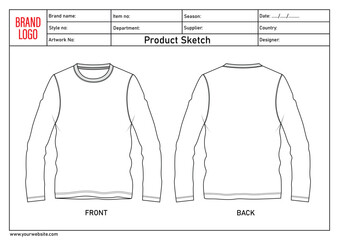Long sleeve t shirt technical drawing fashion flat sketch vector illustration template with tech pack details