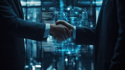 Two businessmen are shaking hands in a data center with a futuristic heads up display interface, symbolizing a successful technological partnership in a complex digital environment