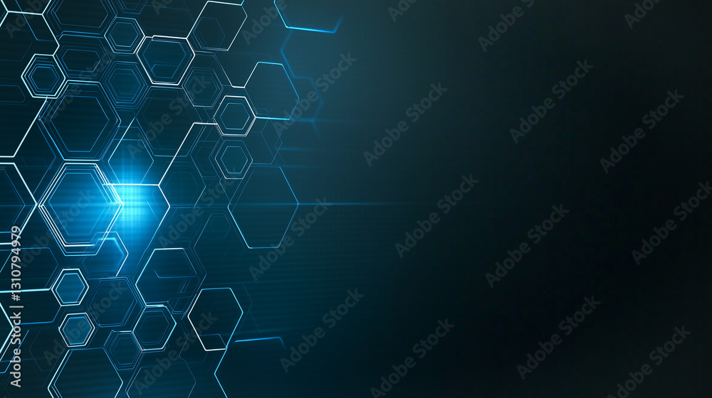 Poster digital hexagons: an abstract representation of interconnected hexagonal cells, glowing with futuris