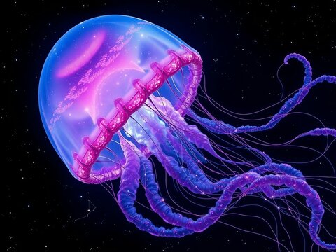Generative A.I. envisions a cosmic jellyfish floating through the vastness of space, glowing with neon hues. Its ethereal tentacles drift like celestial currents, merging fantasy with the universe&rsquo;s w