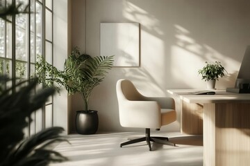 Fototapeta premium a tranquil minimalist office space with soft natural lighting, muted color palette, and intentional blur effect creating depth and serenity, emphasizing ergonomic furniture and plant accents
