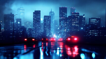 A moody cityscape at night with glowing lights and wet streets.