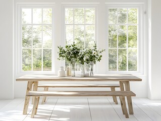 Modern farmhouse dining room with flowers and sunlight