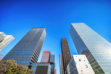 Fototapeta premium Cityscape View from Urban Plaza with Benches and Trees