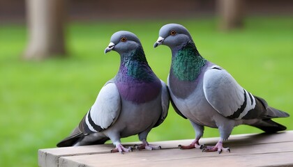 Obraz premium Two Pigeons Together on a Wooden Bench