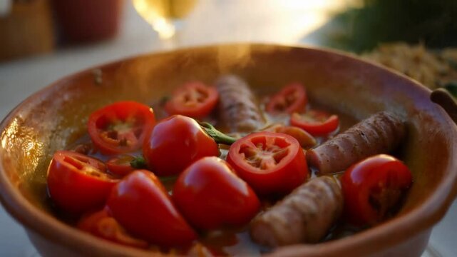 Close-up of lecs&oacute; with peppers, tomatoes, and sausages, served in a ceramic bowl, golden evening light
