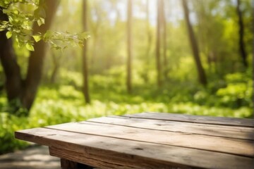 Naklejka premium Peaceful wooden table with springtime backdrop of lush greenery and sunlight filtering through tall trees, creating serene atmosphere.