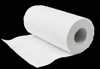 Fototapeta premium Soft absorbent white toilet paper roll on black background, featuring cylindrical shape and small center hole for insertion.