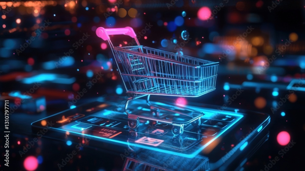 Poster miniature shopping cart hovering over a smartphone with augmented reality interface, representing th