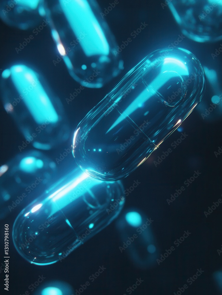 Poster glowing capsules emit soft blue light in a dark environment creating an abstract futuristic atmosphe