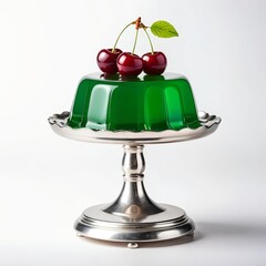 Green Jelly with Cherries on Elegant Cake Stand