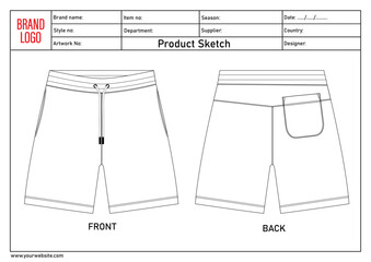 Shorts pant technical drawing template with tech pack details