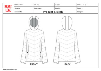 Long sleeve hoodie technical drawing fashion flat sketch vector illustratinon template with clothing template details