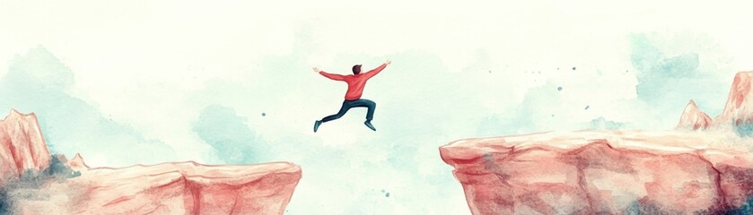 A person leaps between two rocky cliffs, symbolizing risk-taking and adventure in a dramatic, surreal landscape.
